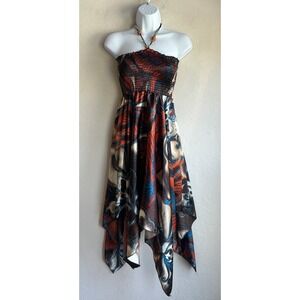 Vintage Y2K Floral Satin Beaded Halter Asymmetrical Midi Dress S Fairy Grunge